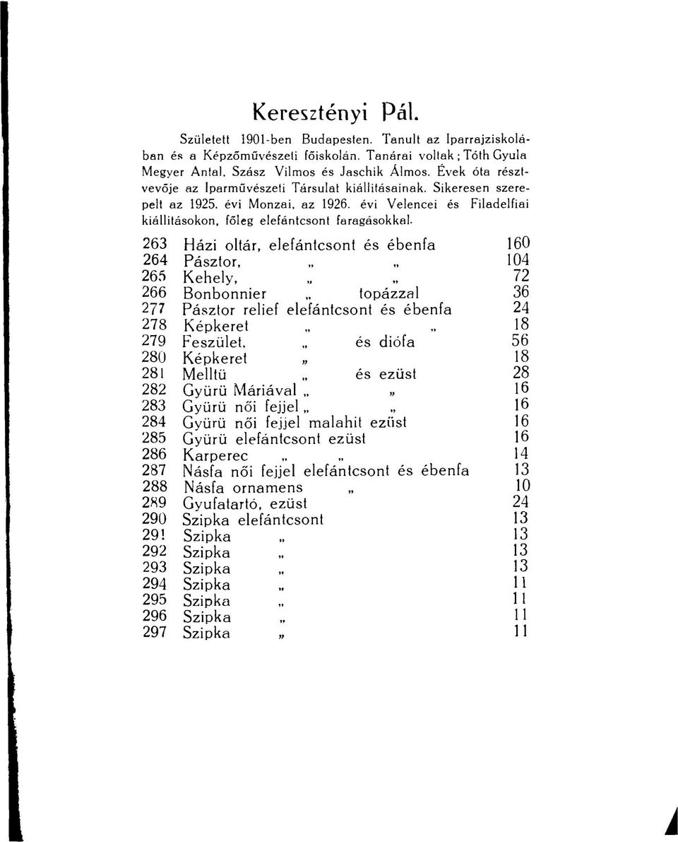 263 Házi oltár, elefántcsont és ébenfa 160 264 Pásztor, 104 265 Kehely,., 72 266 Bonbonnier topázzal 36 2?