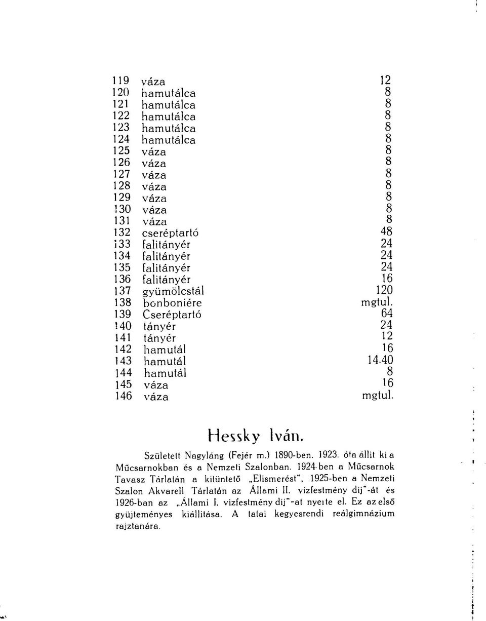 40 144 hamutál 8 145 váza 16 146 váza Hessky Iván. Születelt Nagyláng (Fejér m.) 1890-ben. 1923. óta állit ki a Műcsarnokban és a Nemzeti Szalonban.