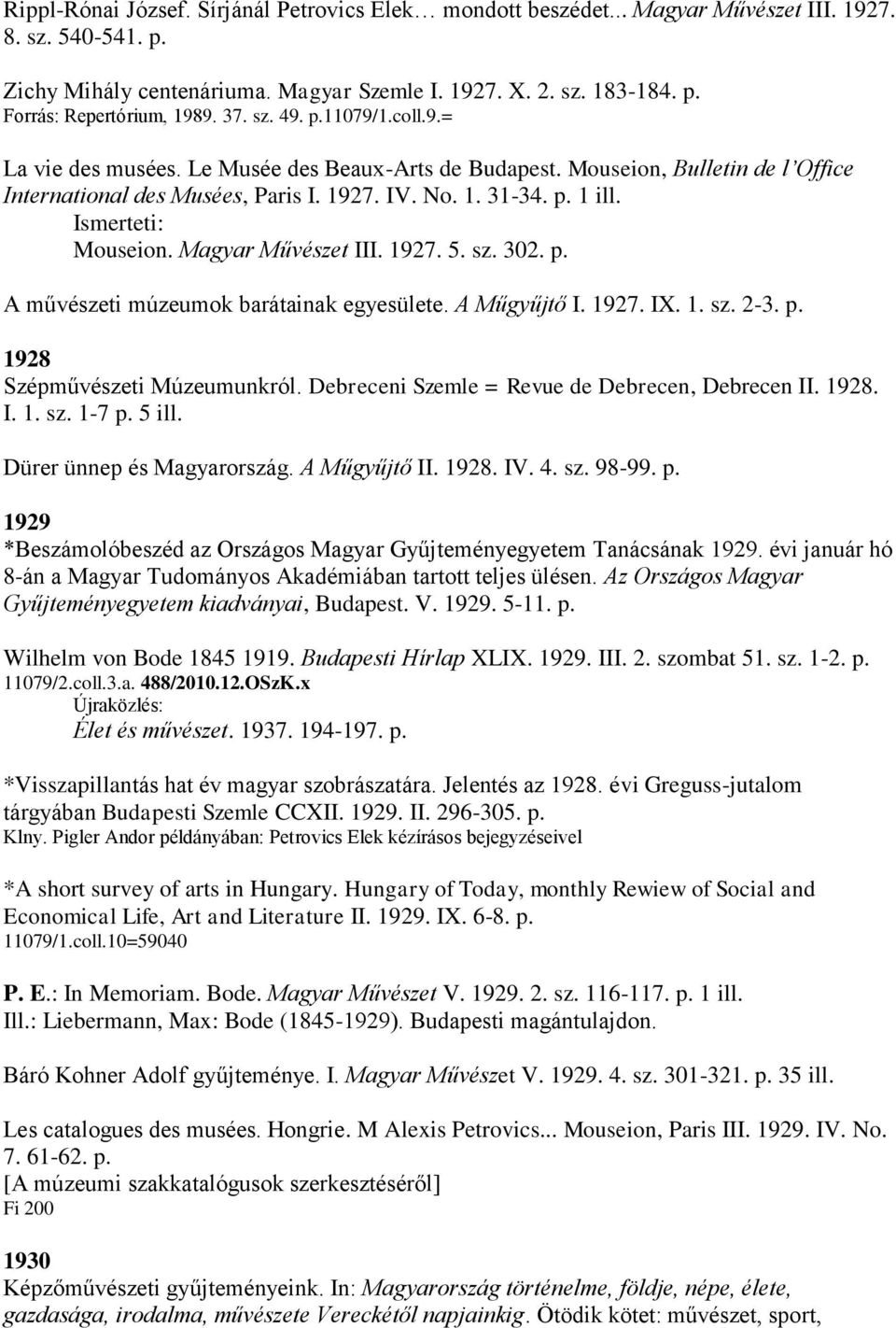 1927. 5. sz. 302. p. A művészeti múzeumok barátainak egyesülete. A Műgyűjtő I. 1927. IX. 1. sz. 2-3. p. 1928 Szépművészeti Múzeumunkról. Debreceni Szemle = Revue de Debrecen, Debrecen II. 1928. I. 1. sz. 1-7 p.