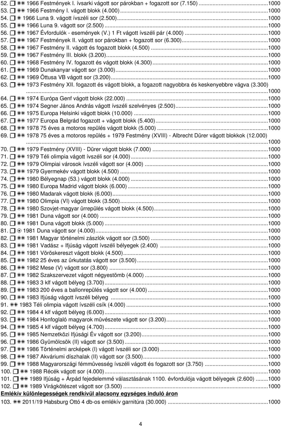 vágott és fogazott blokk (4.500)...1000 59. 1967 Festmény III. blokk (3.200)...1000 60. 1968 Festmény IV. fogazott és vágott blokk (4.300)...1000 61. 1969 Dunakanyar vágott sor (3.000)...1000 62.