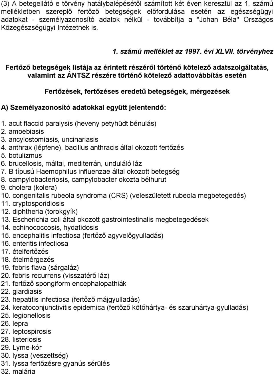 számú melléklet az 1997. évi XLVII.