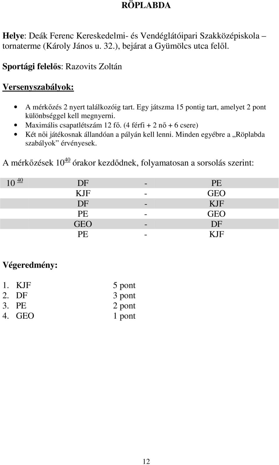 Maximális csapatlétszám 12 fő. (4 férfi + 2 nő + 6 csere) Két női játékosnak állandóan a pályán kell lenni. Minden egyébre a Röplabda szabályok érvényesek.