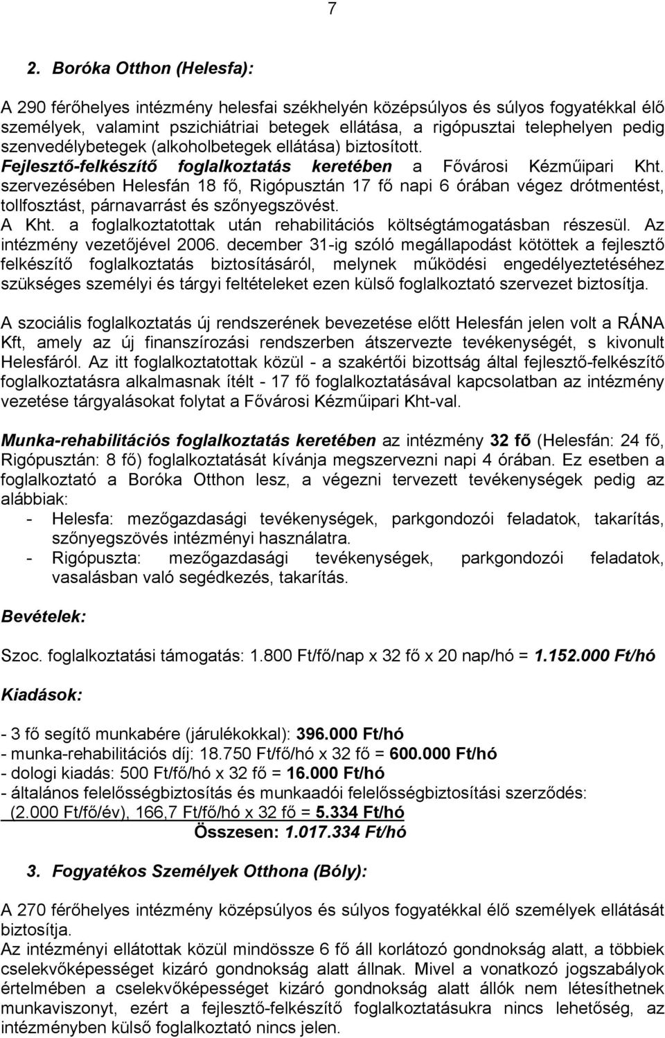 szervezésében Helesfán 18 fő, Rigópusztán 17 fő napi 6 órában végez drótmentést, tollfosztást, párnavarrást és szőnyegszövést. A Kht.