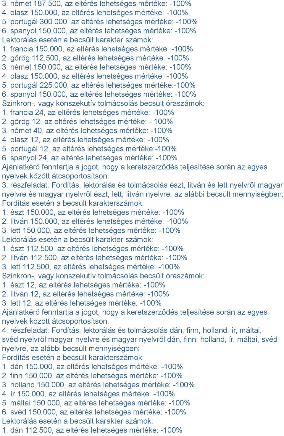 500, az eltérés lehetséges mértéke: -100% 3. német 150.000, az eltérés lehetséges mértéke: -100% 4. olasz 150.000, az eltérés lehetséges mértéke: -100% 5. portugál 225.