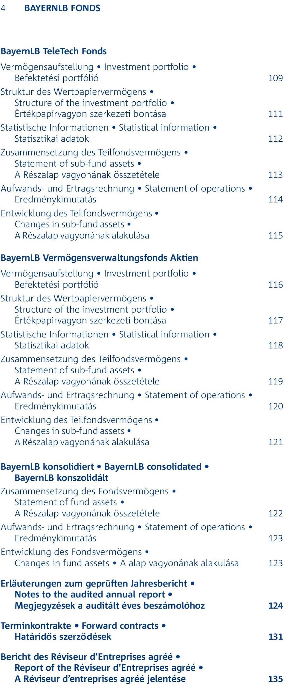 113 Aufwands- und Ertragsrechnung Statement of operations Eredménykimutatás 114 Entwicklung des Teilfondsvermögens Changes in sub-fund assets A Részalap vagyonának alakulása 115 BayernLB