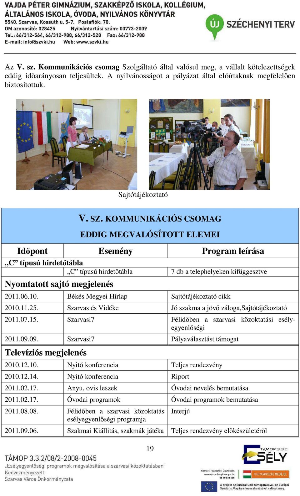 KOMMUNIKÁCIÓS CSOMAG EDDIG MEGVALÓSÍTOTT ELEMEI Időpont Esemény Program leírása C típusú hirdetőtábla C típusú hirdetőtábla Nyomtatott sajtó megjelenés 7 db a telephelyeken kifüggesztve 2011.06.10.