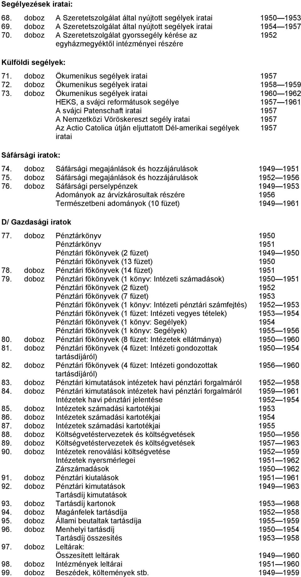 doboz Ökumenikus segélyek iratai 1960 1962 HEKS, a svájci reformátusok segélye 1957 1961 A svájci Patenschaft iratai 1957 A Nemzetközi Vöröskereszt segély iratai 1957 Az Actio Catolica útján