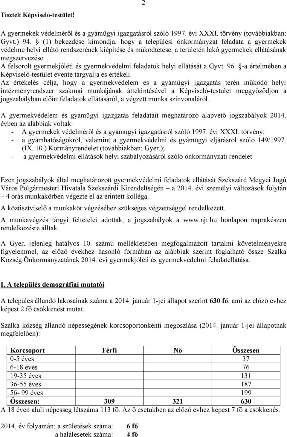 A felsorolt gyermekjóléti és gyermekvédelmi feladatok helyi ellátását a Gyvt. 96. -a értelmében a Képviselő-testület évente tárgyalja és értékeli.