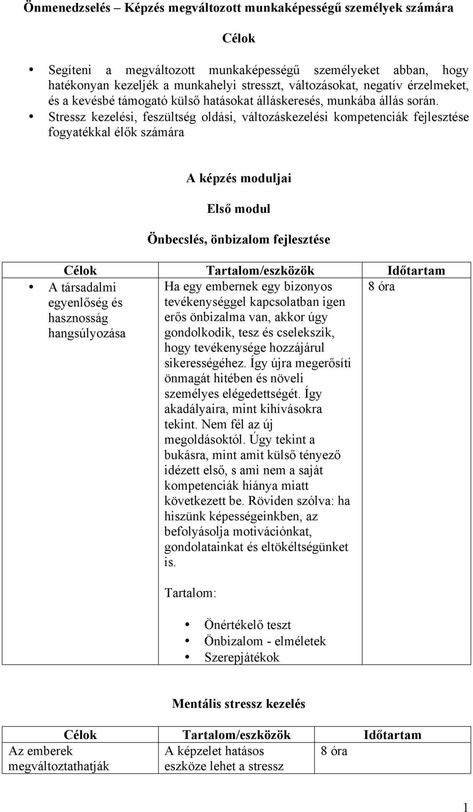 Stressz kezelési, feszültség oldási, változáskezelési kompetenciák fejlesztése fogyatékkal élők számára A képzés moduljai Első modul Önbecslés, önbizalom fejlesztése A társadalmi egyenlőség és