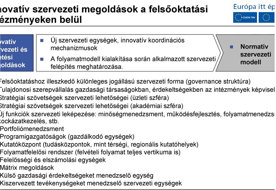 Normatív szervezeti modell elsőoktatáshoz illeszkedő különleges jogállású szervezeti forma (governance struktúra) ulajdonosi szerepvállalás gazdasági társaságokban, érdekeltségekben az intézmények