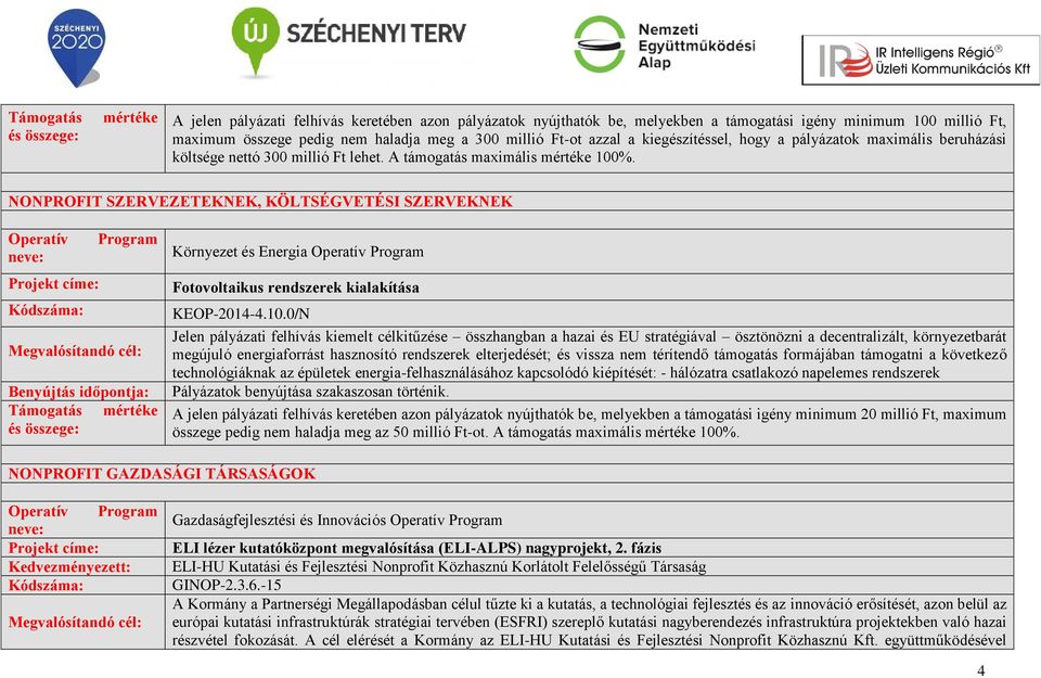 NONPROFIT SZERVEZETEKNEK, KÖLTSÉGVETÉSI SZERVEKNEK Környezet és Energia Fotovoltaikus rendszerek kialakítása KEOP-2014-4.10.