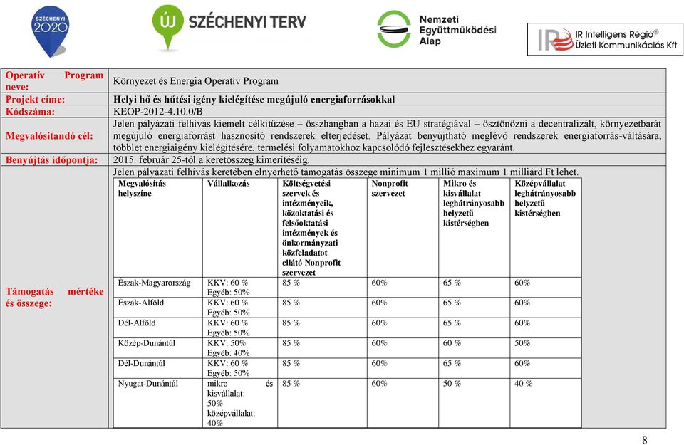 Pályázat benyújtható meglévő rendszerek energiaforrás-váltására, többlet energiaigény kielégítésére, termelési folyamatokhoz kapcsolódó fejlesztésekhez egyaránt. 2015.