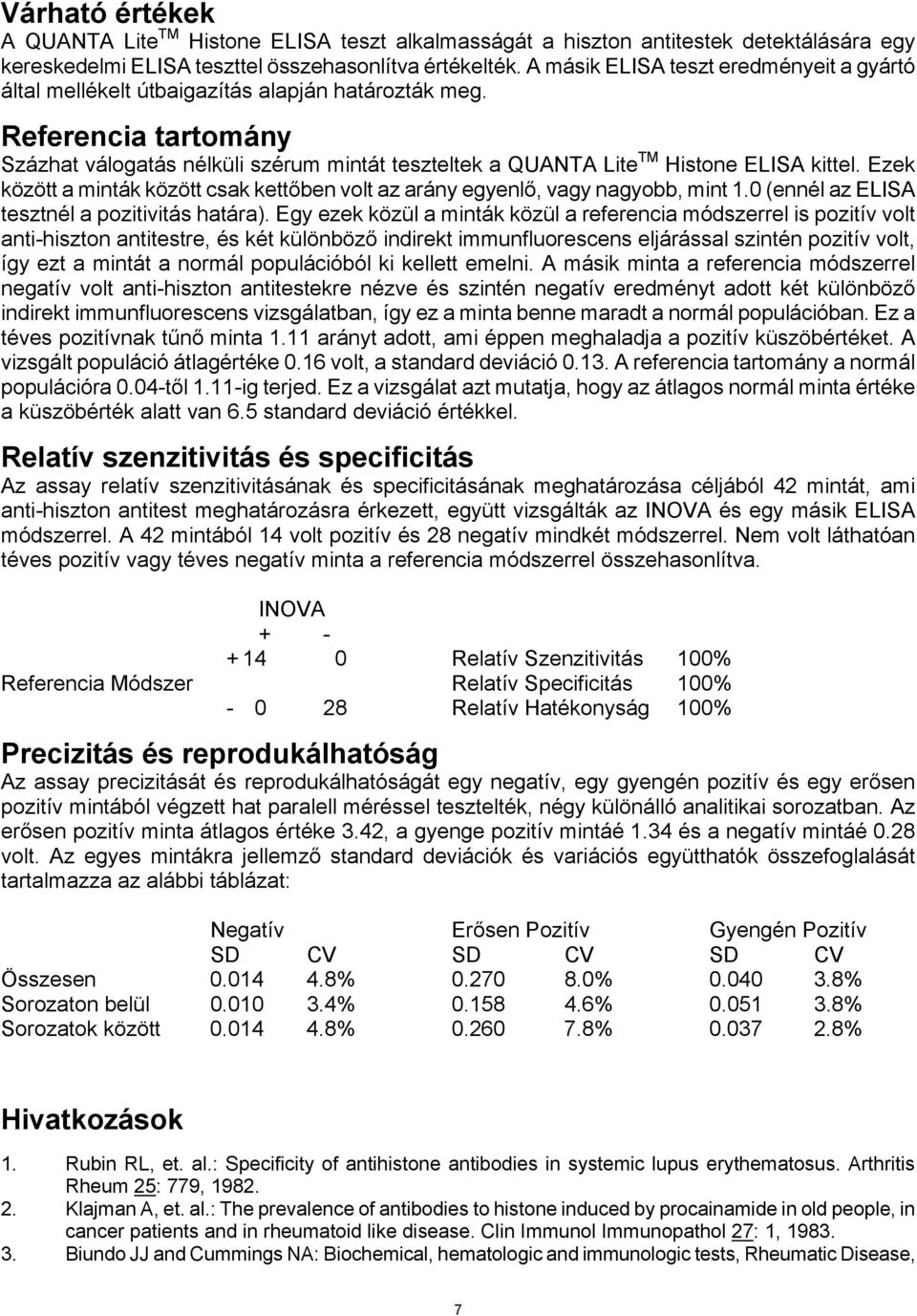 Referencia tartomány Százhat válogatás nélküli szérum mintát teszteltek a QUANTA Lite TM Histone ELISA kittel. Ezek között a minták között csak kettőben volt az arány egyenlő, vagy nagyobb, mint 1.