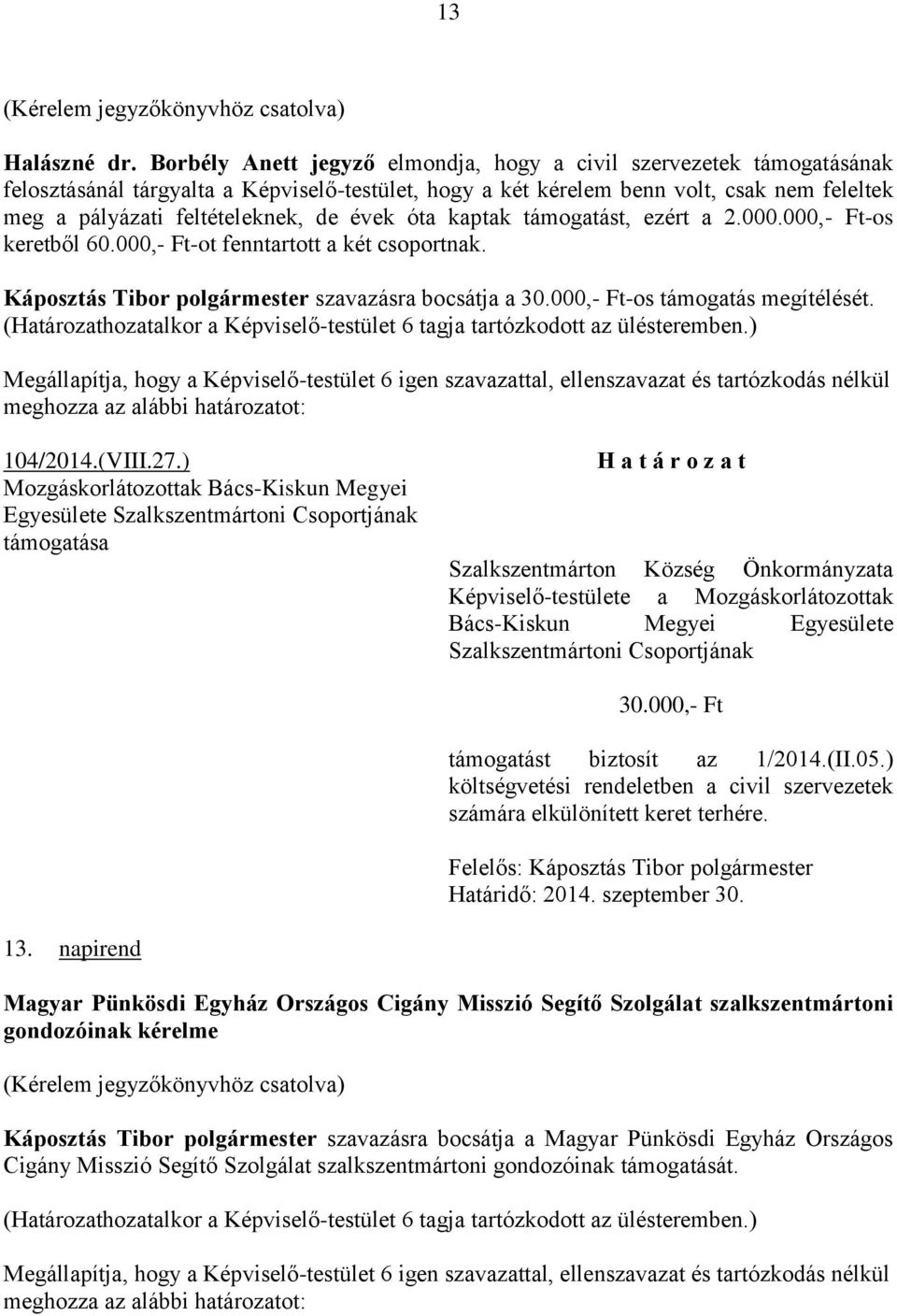 évek óta kaptak támogatást, ezért a 2.000.000,- Ft-os keretből 60.000,- Ft-ot fenntartott a két csoportnak. Káposztás Tibor polgármester szavazásra bocsátja a 30.000,- Ft-os támogatás megítélését.