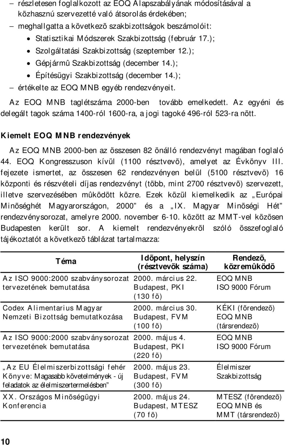 Az EOQ MNB taglétszáma 2000-ben tovább emelkedett. Az egyéni és delegált tagok száma 1400-ról 1600-ra, a jogi tagoké 496-ról 523-ra nõtt.
