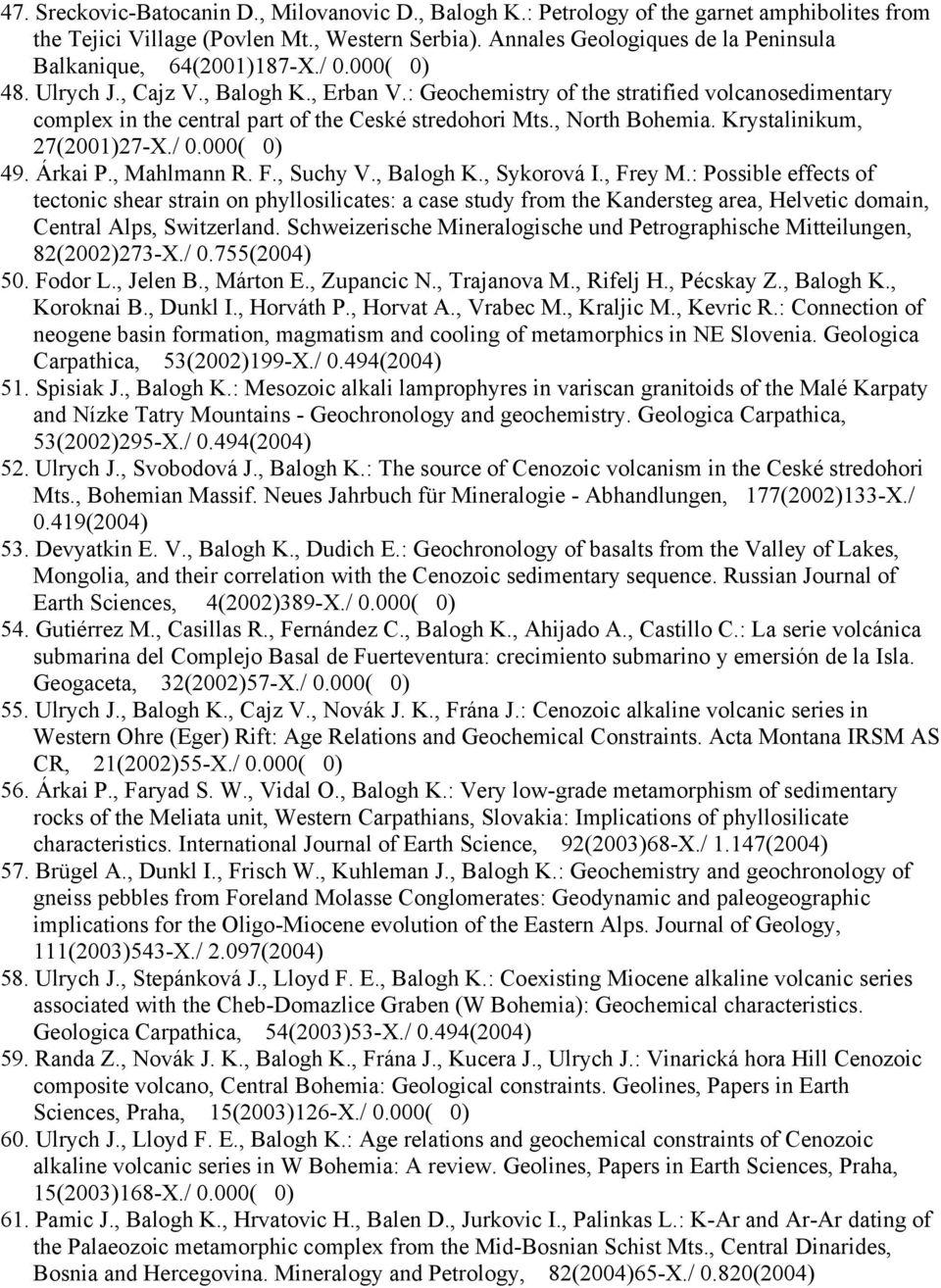 : Geochemistry of the stratified volcanosedimentary complex in the central part of the Ceské stredohori Mts., North Bohemia. Krystalinikum, 27(2001)27-X./ 0.000( 0) 49. Árkai P., Mahlmann R. F.