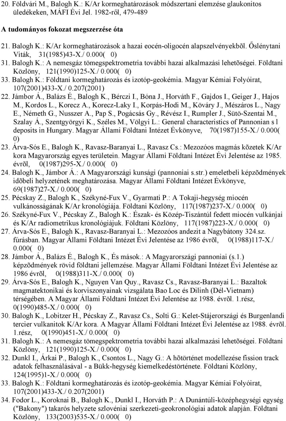 Magyar Kémiai Folyóirat, 107(2001)433-X./ 0.207(2001) 22. Jámbor Á., Balázs É., Balogh K., Bérczi I., Bóna J., Horváth F., Gajdos I., Geiger J., Hajos M., Kordos L., Korecz A., Korecz-Laky I.