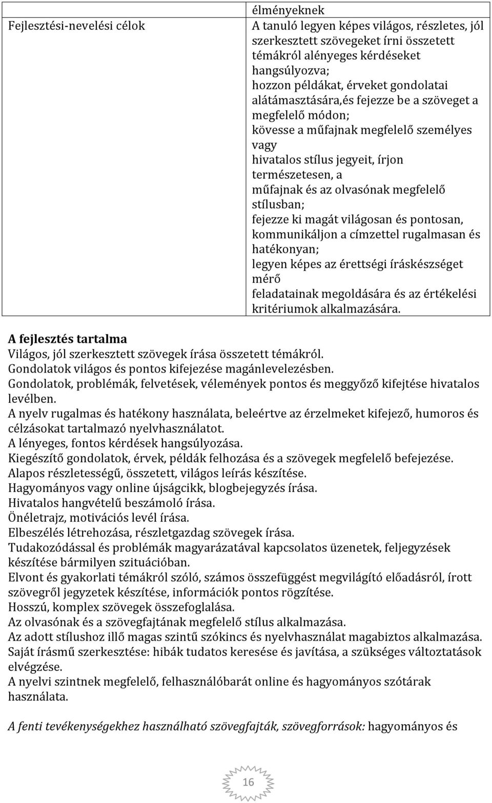 stílusban; fejezze ki magát világosan és pontosan, kommunikáljon a címzettel rugalmasan és hatékonyan; legyen képes az érettségi íráskészséget mérő feladatainak megoldására és az értékelési
