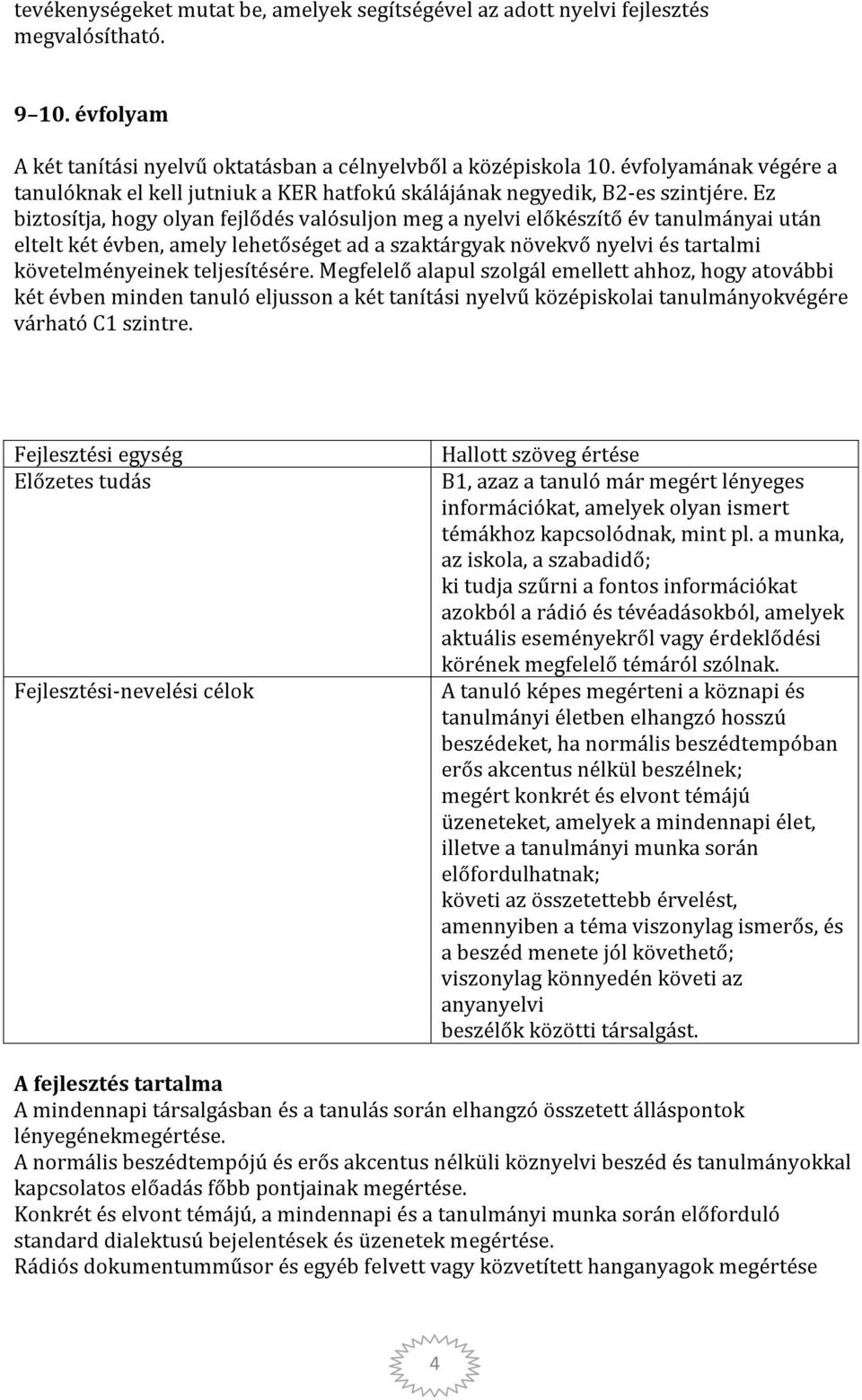 Ez biztosítja, hogy olyan fejlődés valósuljon meg a nyelvi előkészítő év tanulmányai után eltelt két évben, amely lehetőséget ad a szaktárgyak növekvő nyelvi és tartalmi követelményeinek