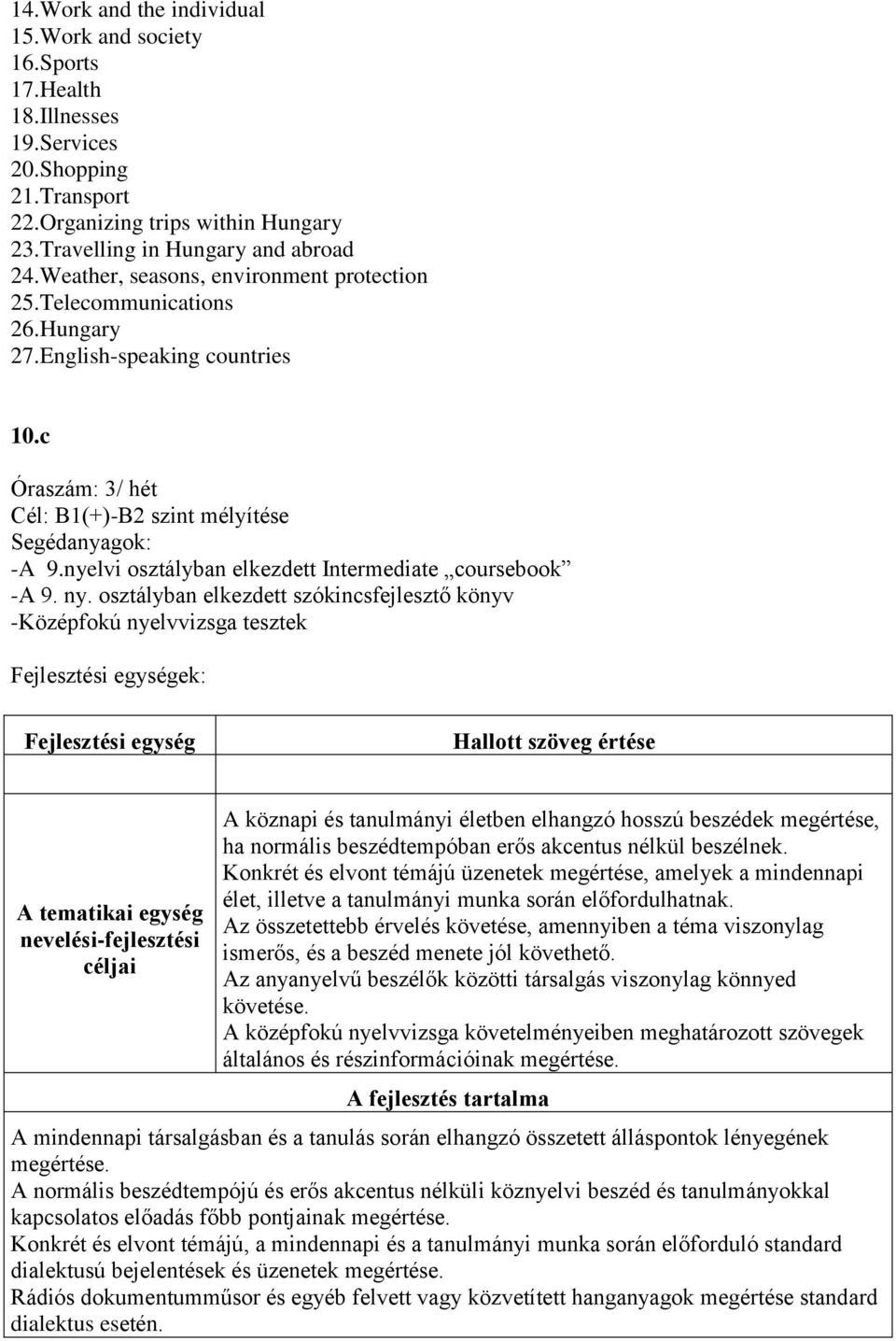 nyelvi osztályban elkezdett Intermediate coursebook -A 9. ny.