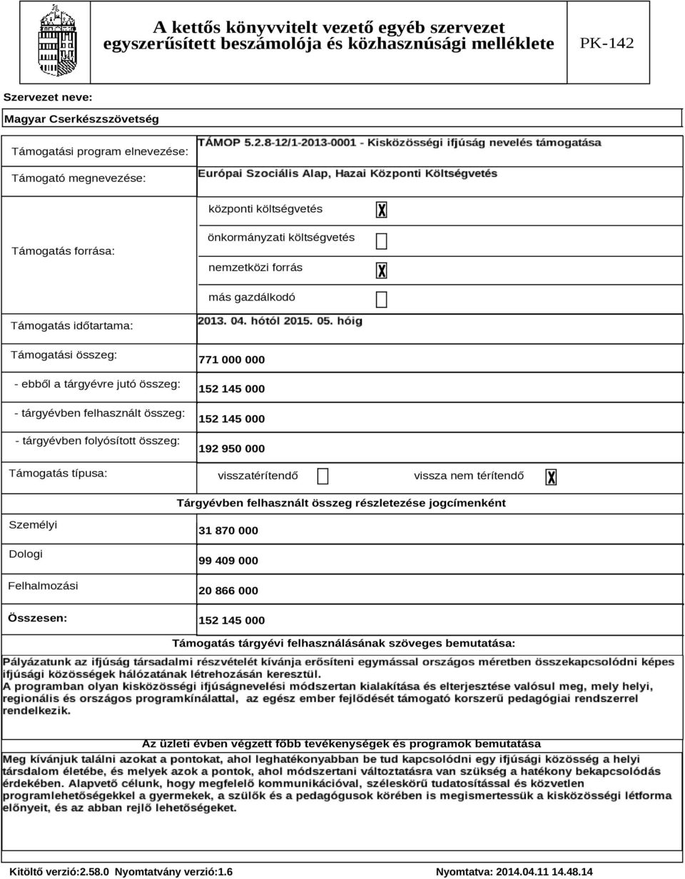 összeg: - tárgyévben folyósított összeg: Támogatás típusa: 771 000 000 152 145 000 152 145 000 192 950 000 visszatérítendő vissza nem térítendő Tárgyévben felhasznált összeg részletezése jogcímenként