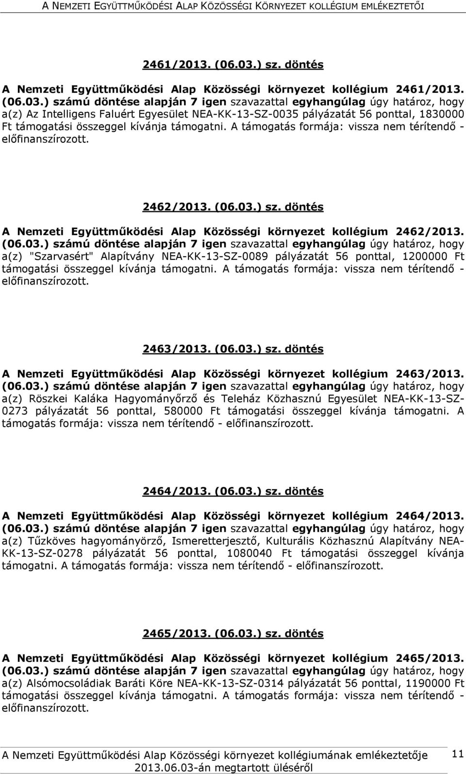 a(z) "Szarvasért" Alapítvány NEA-KK-13-SZ-0089 pályázatát 56 ponttal, 1200000 Ft 2463/2013. (06.03.) sz. döntés A Nemzeti Együttműködési Alap Közösségi környezet kollégium 2463/2013.