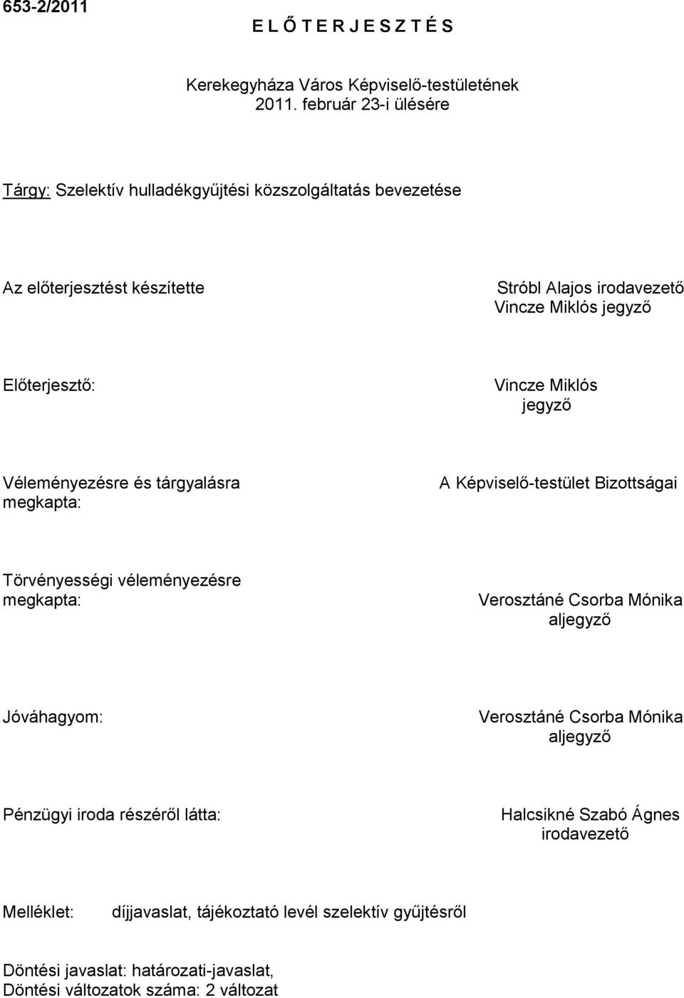 Előterjesztő: Vincze Miklós jegyző Véleményezésre és tárgyalásra megkapta: A Képviselő-testület Bizottságai Törvényességi véleményezésre megkapta: Verosztáné Csorba