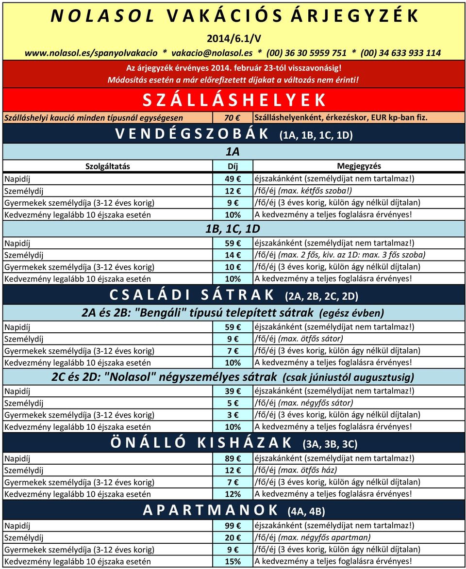 S Z Á L L Á S H E L Y E K Szálláshelyi kaució minden típusnál egységesen 70 Szolgáltatás Díj Napidíj 49 Személydíj 12 Gyermekek személydíja (3-12 éves korig) 9 Napidíj 59 Személydíj 14 Gyermekek