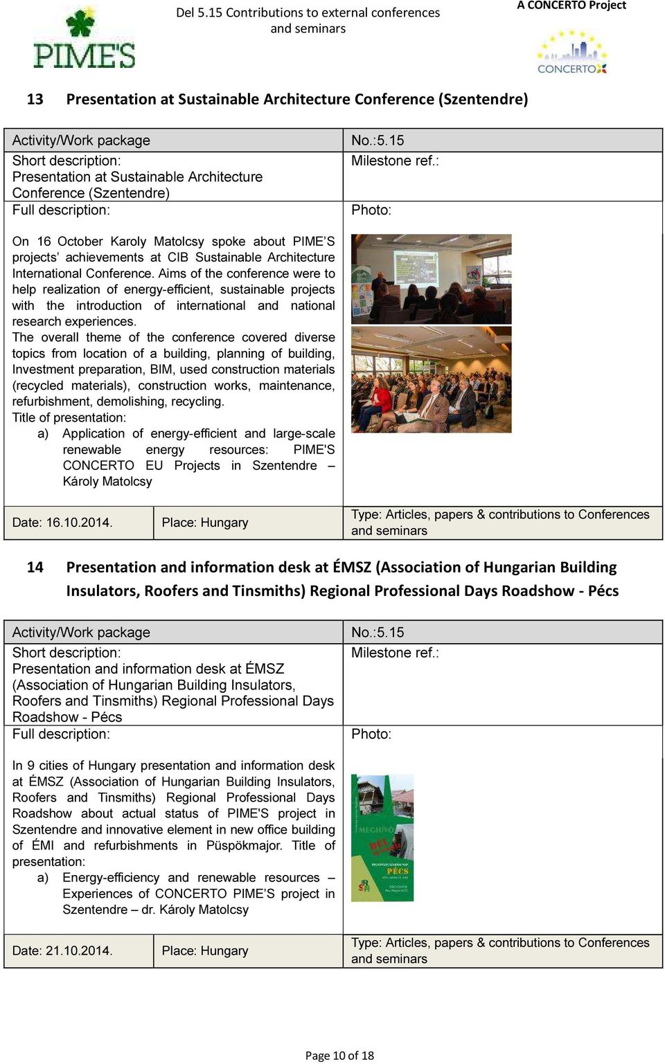 Sustainable Architecture Conference (Szentendre) Full description: No.:5.15 Milestone ref.