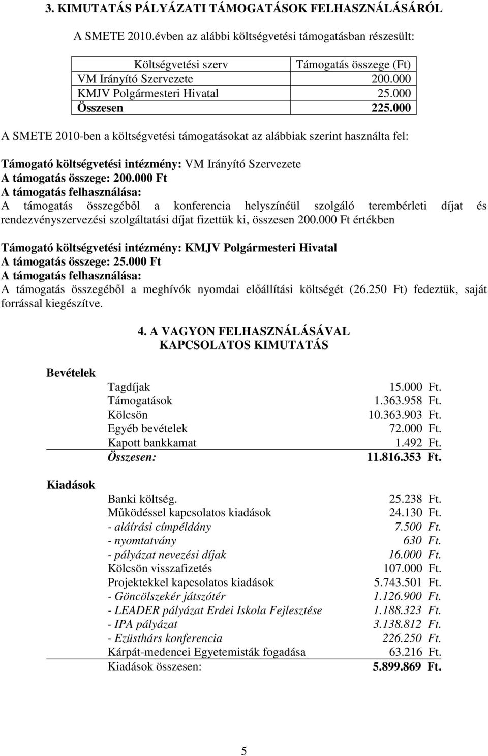 000 A SMETE 2010-ben a költségvetési támogatásokat az alábbiak szerint használta fel: Támogató költségvetési intézmény: VM Irányító Szervezete A támogatás összege: 200.