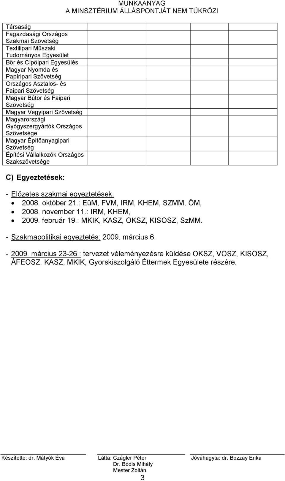 Szakszövetsége C) Egyeztetések: MUNKAANYAG - Előzetes szakmai egyeztetések: 2008. október 21.: EüM, FVM, IRM, KHEM, SZMM, ÖM, 2008. november 11.: IRM, KHEM, 2009. február 19.