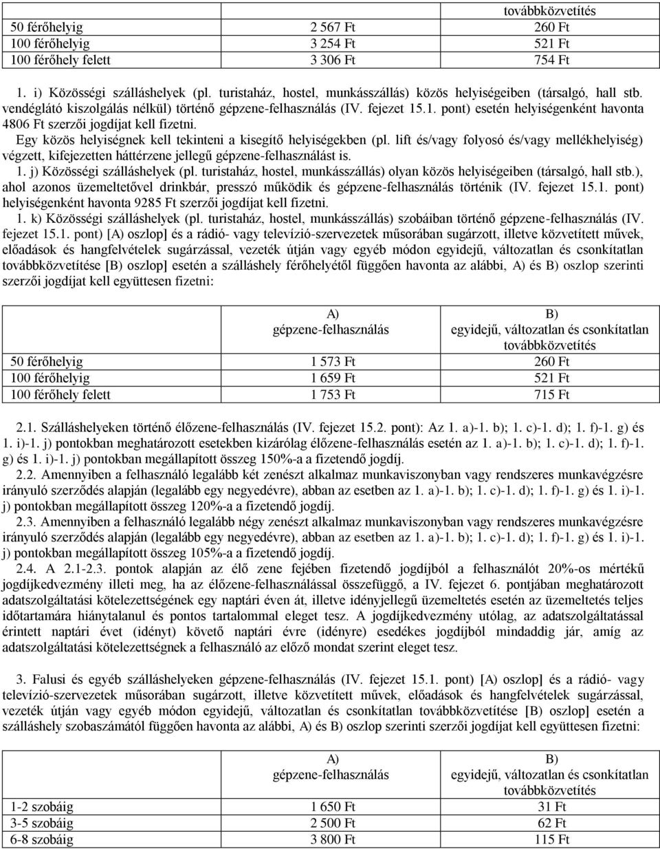 .1. pont) esetén helyiségenként havonta 4806 Ft szerzői jogdíjat kell fizetni. Egy közös helyiségnek kell tekinteni a kisegítő helyiségekben (pl.