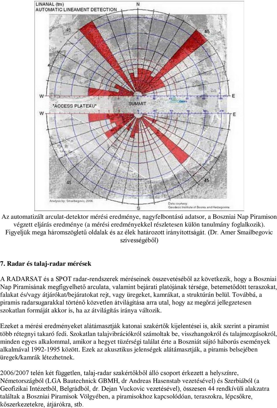 Radar és talaj-radar mérések A RADARSAT és a SPOT radar-rendszerek méréseinek összevetéséből az következik, hogy a Boszniai Nap Piramisának megfigyelhető arculata, valamint bejárati platójának
