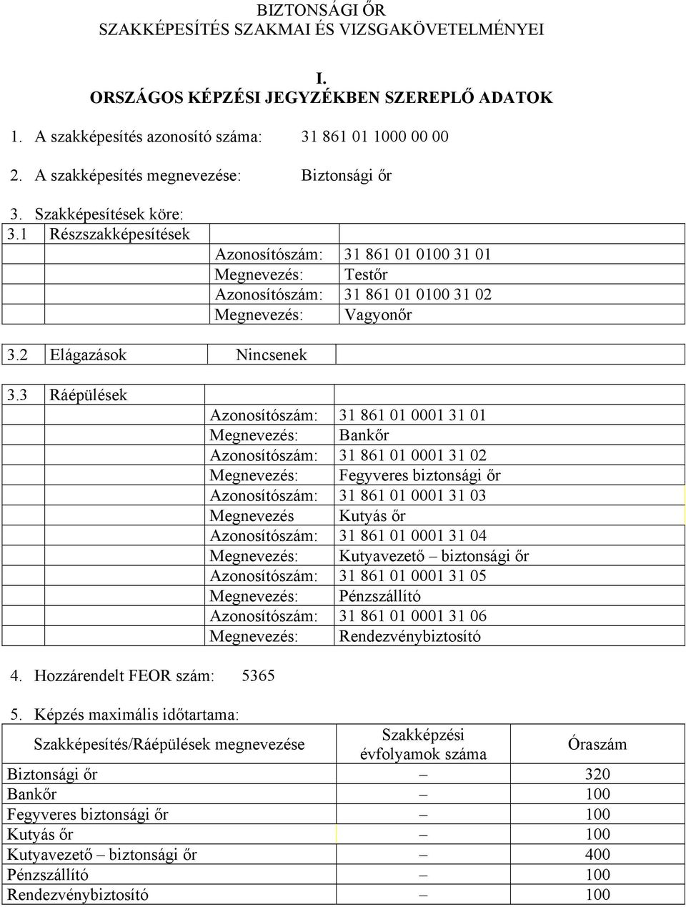 1 Részszakképesítések Azonosítószám: 31 861 01 0100 31 01 Megnevezés: Testőr Azonosítószám: 31 861 01 0100 31 02 Megnevezés: Vagyonőr 3.2 Elágazások Nincsenek 3.