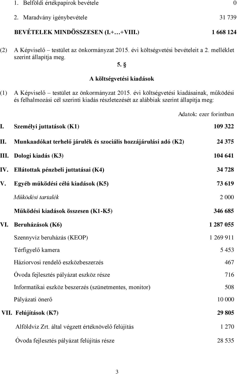 évi költségvetési kiadásainak, működési és felhalmozási cél szerinti kiadás részletezését az alábbiak szerint állapítja meg: Adatok: ezer forintban I. Személyi juttatások (K1) 109 322 II.