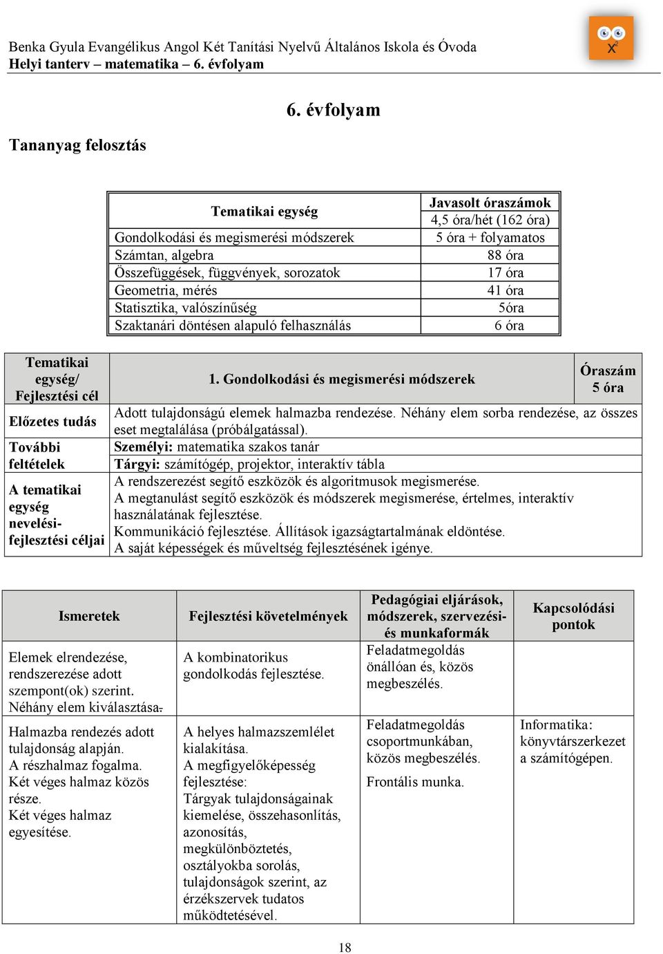 felhasználás Javasolt óraszámok 4,5 óra/hét (162 óra) 5 óra + folyamatos 88 óra 17 óra 41 óra 5óra 6 óra Tematikai egység/ Fejlesztési cél Előzetes tudás További feltételek A tematikai egység
