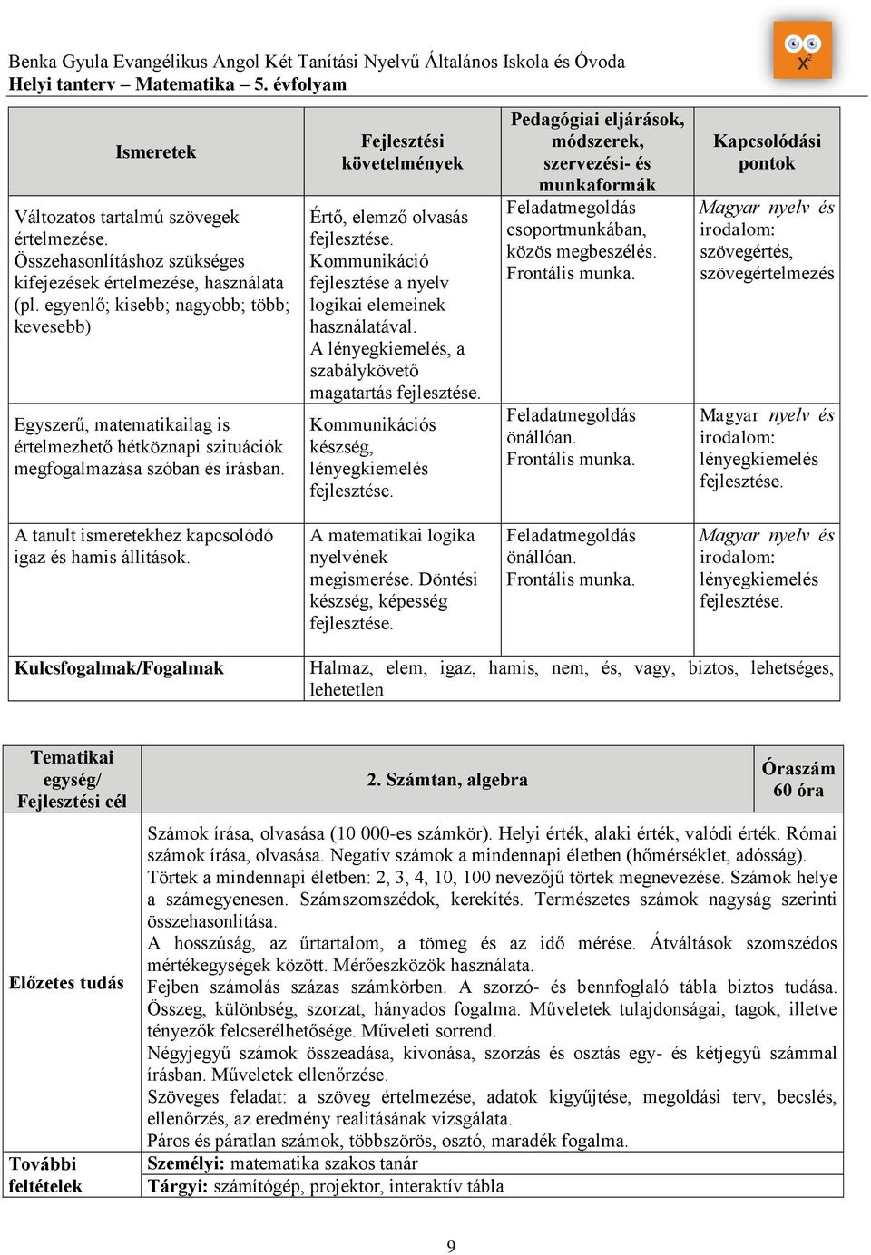 Fejlesztési követelmények Értő, elemző olvasás Kommunikáció fejlesztése a nyelv logikai elemeinek használatával.
