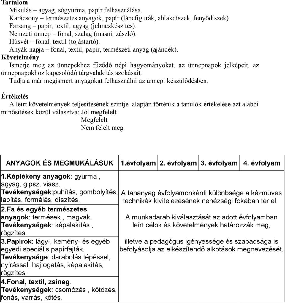 Ismerje meg az ünnepekhez fűződő népi hagyományokat, az ünnepnapok jelképeit, az ünnepnapokhoz kapcsolódó tárgyalakítás szokásait. Tudja a már megismert anyagokat felhasználni az ünnepi készülődésben.