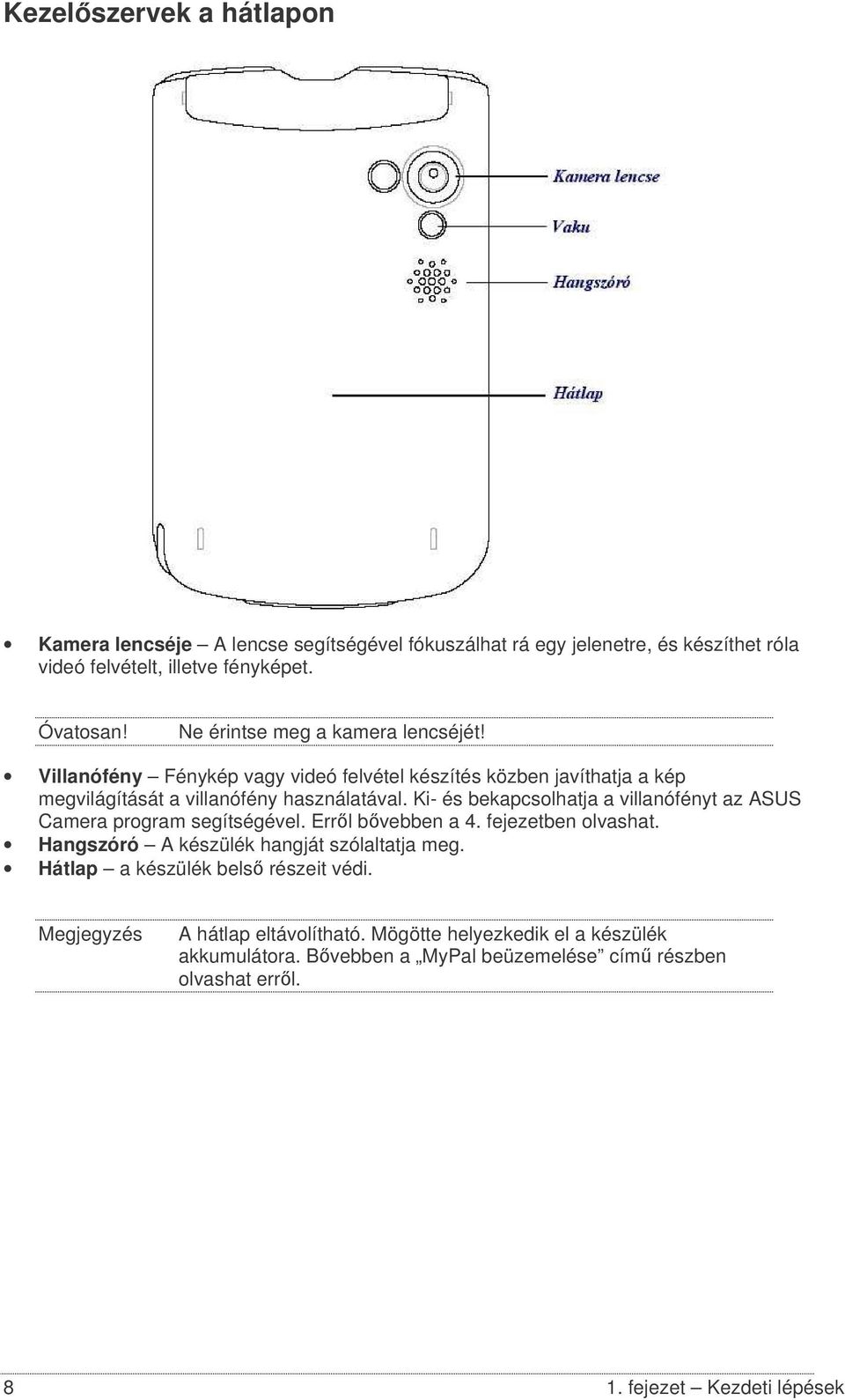 Ki- és bekapcsolhatja a villanófényt az ASUS Camera program segítségével. Errl bvebben a 4. fejezetben olvashat. Hangszóró A készülék hangját szólaltatja meg.