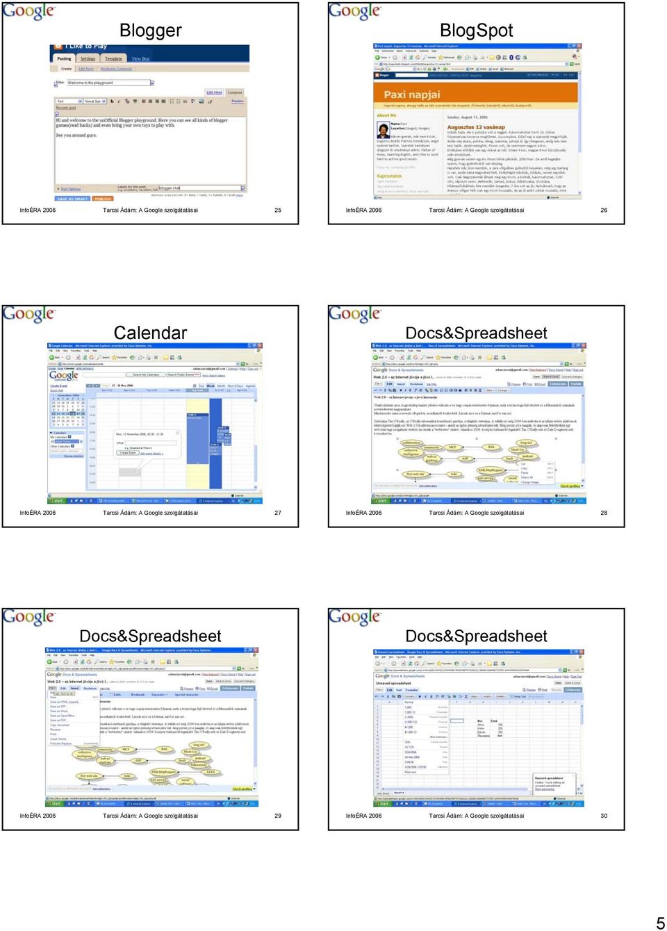 szolgátatásai 27 InfoÉRA 2006 Tarcsi Ádám: A Google szolgátatásai 28 Docs&Spreadsheet