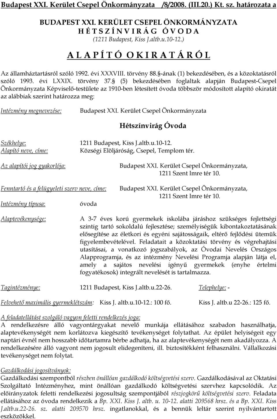 (5) bekezdésében foglaltak alapján Budapest-Csepel Önkormányzata Képviselő-testülete az 1910-ben létesített óvoda többször módosított alapító okiratát az alábbiak szerint határozza meg: Intézmény