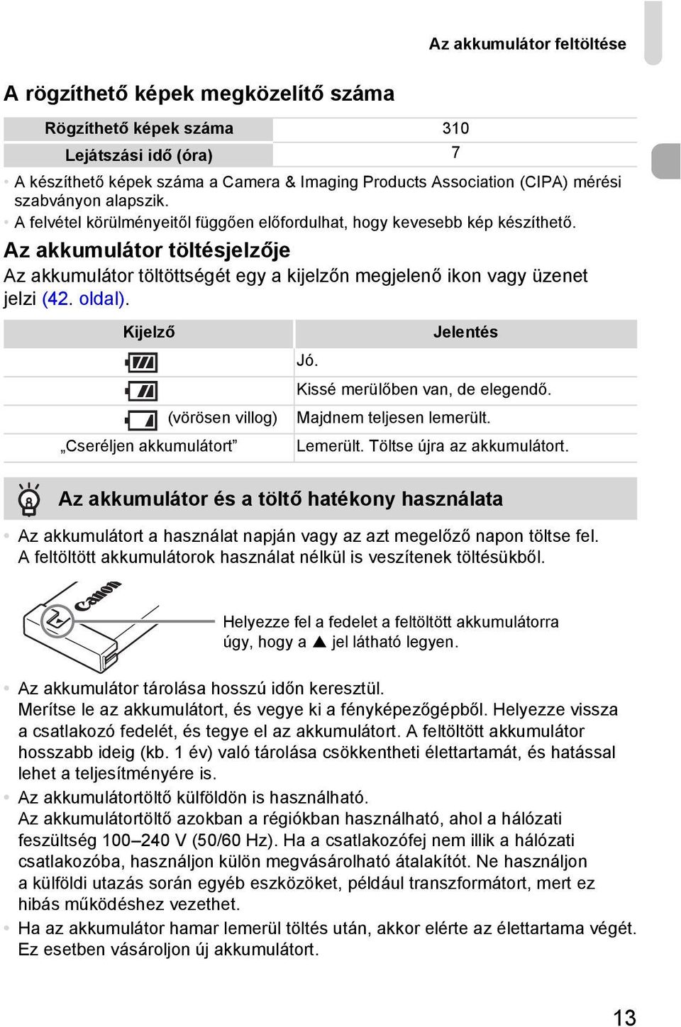Az akkumulátor töltésjelzője Az akkumulátor töltöttségét egy a kijelzőn megjelenő ikon vagy üzenet jelzi (42. oldal). Kijelző (vörösen villog) Cseréljen akkumulátort Jelentés Jó.