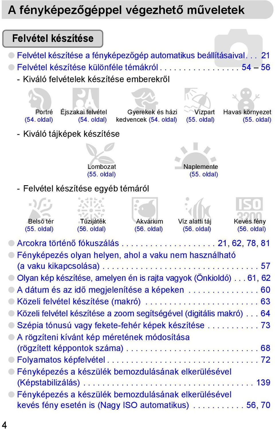 oldal) (55. oldal) - Kiváló tájképek készítése OLombozat (55. oldal) - Felvétel készítése egyéb témáról HBelső tér (55. oldal) ttűzijáték (56. oldal) yakvárium (56. oldal) UNaplemente (55.