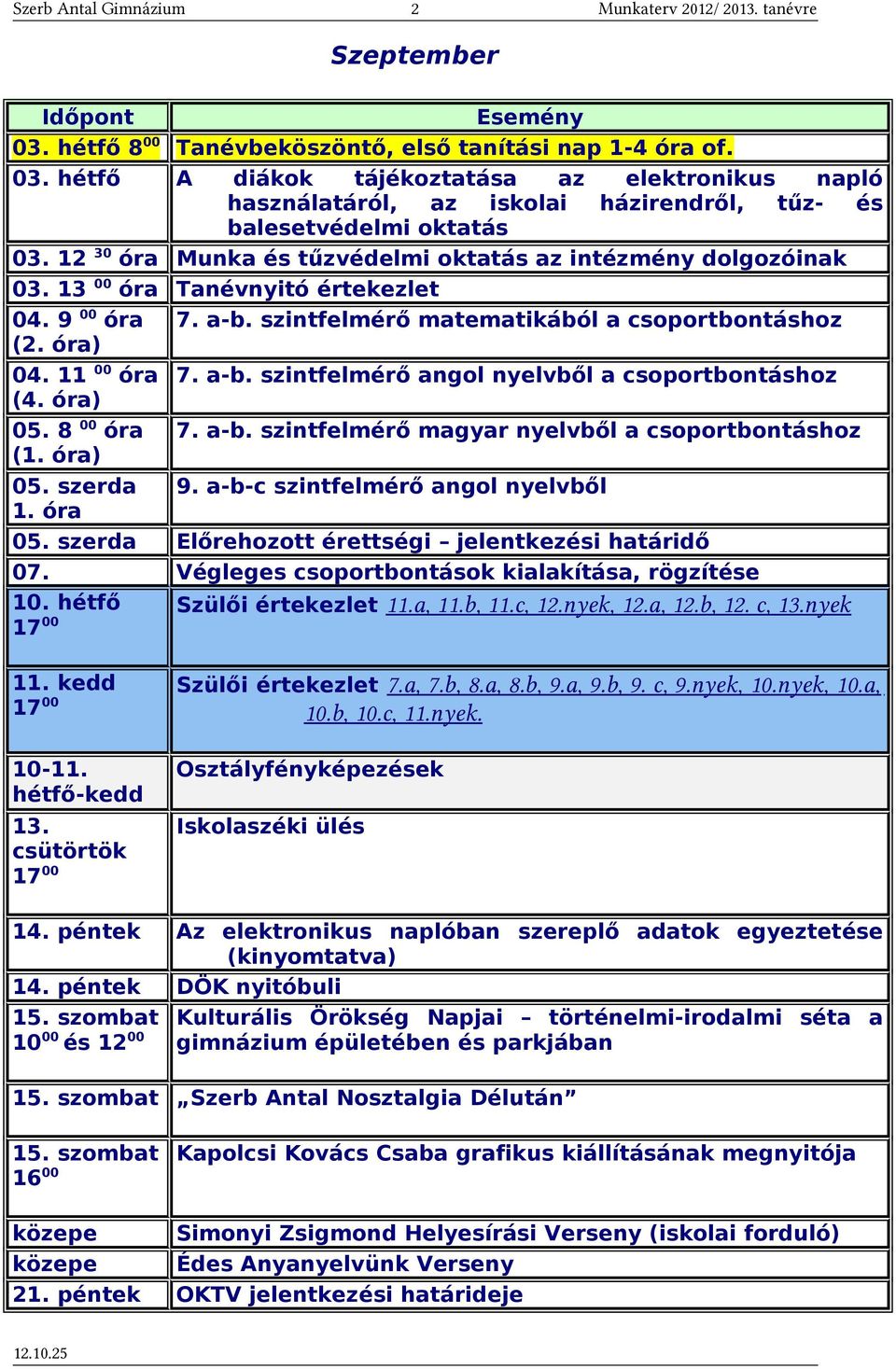 óra) 05. óra (1. óra) 7. a-b. szintfelmérő angol nyelvből a csoportbontáshoz 7. a-b. szintfelmérő magyar nyelvből a csoportbontáshoz 05. szerda 9. a-b-c szintfelmérő angol nyelvből 1. óra 05.