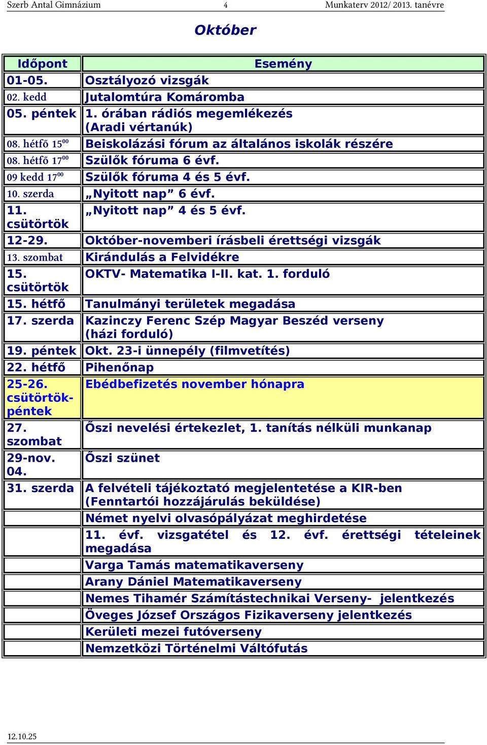 12-29. Október-novemberi írásbeli érettségi vizsgák 13. szombat Kirándulás a Felvidékre 15. OKTV- Matematika I-II. kat. 1. forduló 15. hétfő Tanulmányi területek megadása 17.