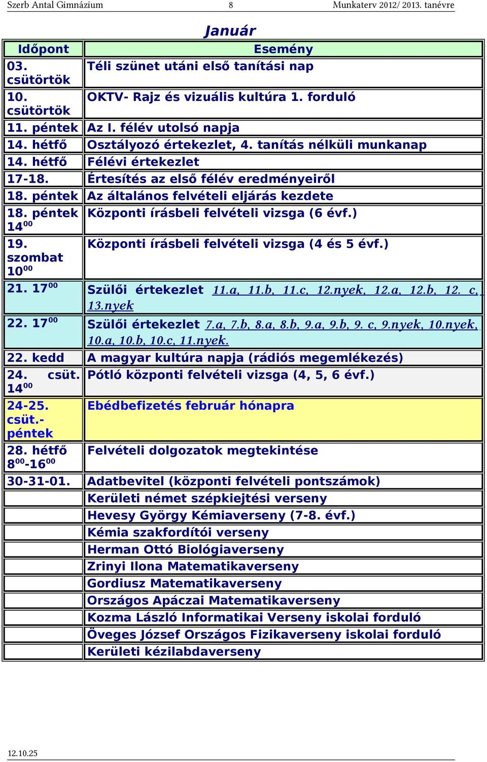 péntek Központi írásbeli felvételi vizsga (6 évf.) 14 00 19. Központi írásbeli felvételi vizsga (4 és 5 évf.) szombat 10 00 21. 17 00 Szülői értekezlet 11.a, 11.b, 11.c, 12.nyek, 12.a, 12.b, 12.