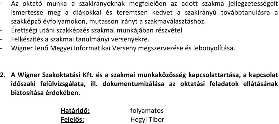 - Érettségi utáni szakképzés szakmai munkájában részvétel - Felkészítés a szakmai tanulmányi versenyekre.