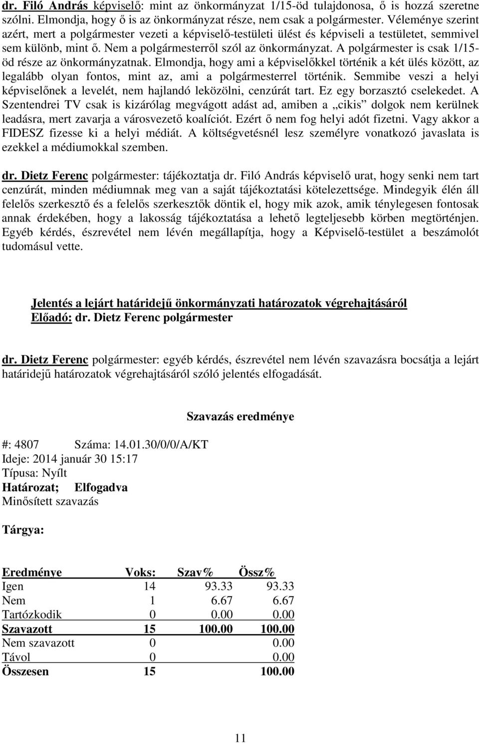 A polgármester is csak 1/15- öd része az önkormányzatnak. Elmondja, hogy ami a képviselőkkel történik a két ülés között, az legalább olyan fontos, mint az, ami a polgármesterrel történik.