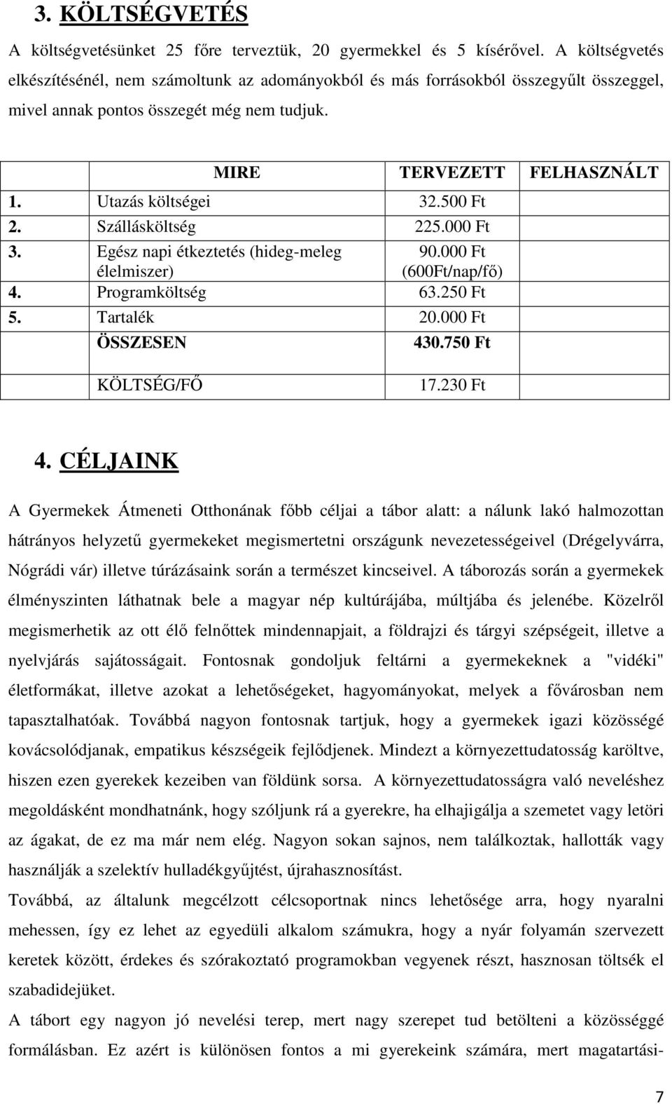 500 Ft 2. Szállásköltség 225.000 Ft 3. Egész napi étkeztetés (hideg-meleg élelmiszer) 90.000 Ft (600Ft/nap/fő) 4. Programköltség 63.250 Ft 5. Tartalék 20.000 Ft ÖSSZESEN 430.750 Ft KÖLTSÉG/FŐ 17.