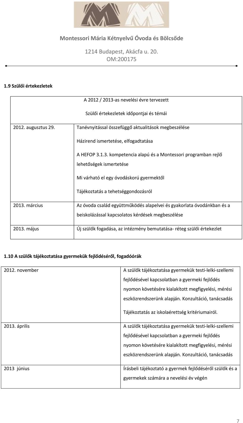 1.3. kompetencia alapú és a Montessori programban rejlő lehetőségek ismertetése Mi várható el egy óvodáskorú gyermektől Tájékoztatás a tehetséggondozásról 2013.